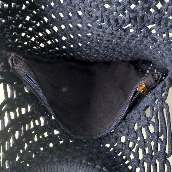 Cottage Boho Style Macrame Bag Purse Wooden Handle Navy - Picture 5 of 7